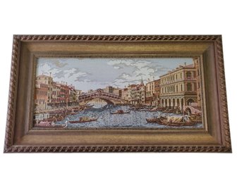 Ornately Framed Vintage Venice Grand Canal Bridge Scenery Italian Tapestry Wall Art Hanging