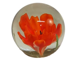 Art Glass Round Small Murano Style Paperweight With Orange Flower