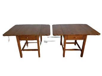 Pair Of Vintage Ethan Allen Solid Pine Drop Leaf Side Tables With Single Drawer