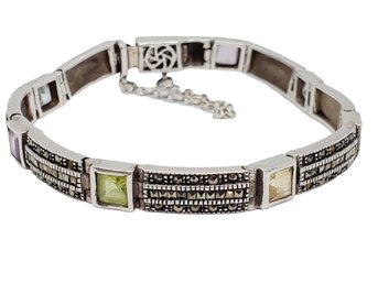 Sterling Silver 925 Marcasite & Multi Colored Stone Ladies Link Bracelet (Bag 1)