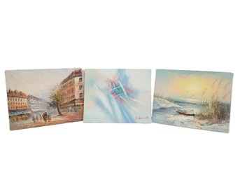 Trio Of Water Color Paintings On Canvas Signed By Artists: Seascape, Town Street Scene