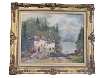 Antique Ornately Framed & Signed Oil On Canvas Painting Of Italian Country Landscape