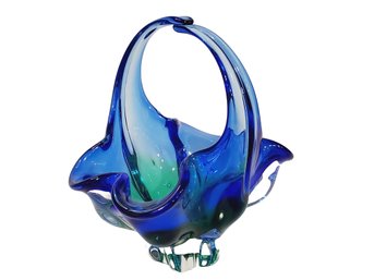 Vintage Art Glass Basket - Clear, Cobalt Blue & Green