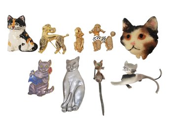 Cute Selection Of 9 Cats & Dogs Brooch Pins