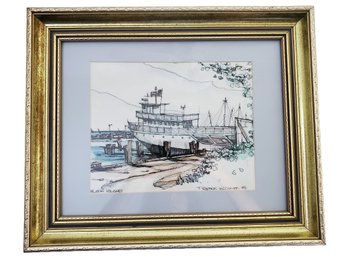 1983 Nautical Pen & Ink Drawing Of Block Island Dock & Boats Signed & Framed By F. McCombe