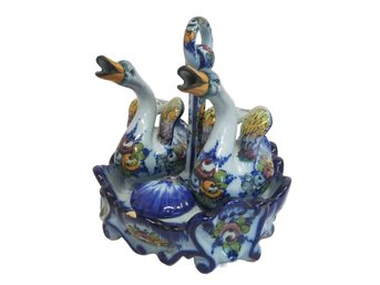 Unique Vintage Alcobaca Decorative Ceramic Cruet Swans Set Made In Portugal