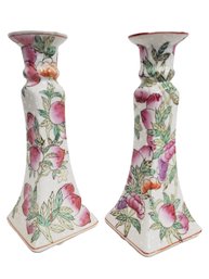 Pretty Pair Of Hand Painted Porcelain Candlestick Holders