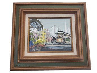 Vintage MCM Framed Signed Painting By John Checkley - San Francisco Street Car City Scene