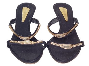 Ladies Giuseppe Zanotti Design Black & Gold Rhinestone Studded Kitten Heel Sandals - Size 9.5