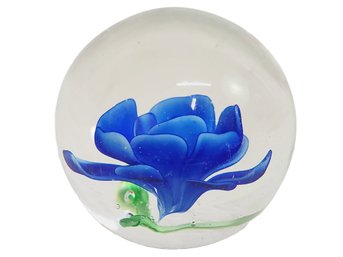 Art Glass Round Small Murano Style Paperweight With Blue Flower