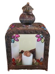 Moroccan Look Colorful Bronze Look Glass & Metal Lantern With Trio Of Pier 1 LED Flameless Pillar Candles