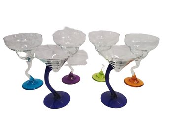 Assorted Margarhita & Martini Glasses With Colored Stems & Bases