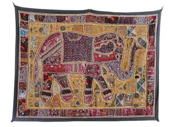 Colorful Tapestry Patchwork Embroidered & Beaded Indian Elephant Wall Hanging