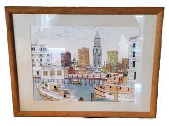 1974 Helen McDERMOTT Pen & Ink Boston Waterfront Print Matted & Framed