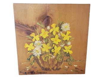 Pretty Vintage Hand Painted Daffodils & Daisies On Wood Board Wall Decor