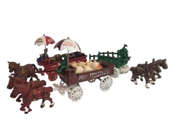 Vintage Cast Iron Horse Drawn Wagons With Drivers & Clydesdales: Schultz Beer & Fruit & Vegetables