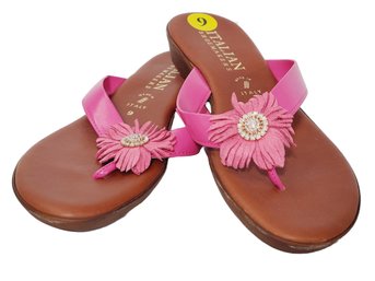 New Pair Ladies Italian Shoemakers Pink Leather Floral Sandals - Size 9