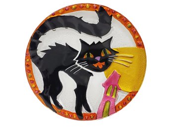 Halloween Black Cat Orange Moon Fused Glass Round Serving Plate Platter