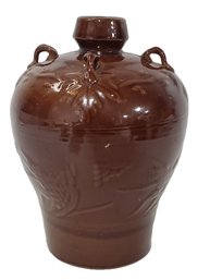 Vintage Mid Century Chinese Shaoxing Rice Wine Brown Glazed Jug With Hand Made Loops