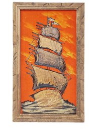 Vintage MCM Framed Orange Velvet Tall Ship Drip Art Painting