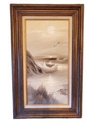 Vintage MCM Signed Artist D. Perry Ocean Seagull Landscape Painting In Rustic Wood Frame