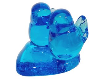 1989 Signed Leo Ward Pair Of Birds On Heart Bluebird Of Happiness Blue Art Glass Figurine Paperweight