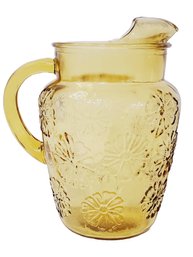 Vintage Anchor Hocking Spring Song Amber Tea Pitcher Daisy Flower Ice Lip