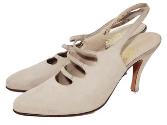 Salvatore Ferragamo Beige Suede Ladies Size 9.5' Sling Back Low Heel Shoes - See Description