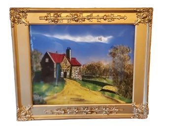 Antique Colorful Reverse Painting On Glass Entitled An Old Farmhouse In Ornate Frame