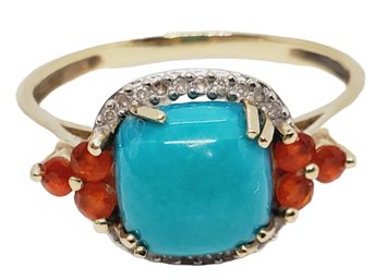 Ladies 14K Yellow Gold,  Turquoise, Fire Opal And Diamond Ring Size 7.5