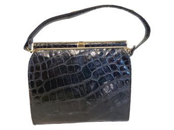 Vintage 1950s Black Leather Croco Embossed Ladies Purse