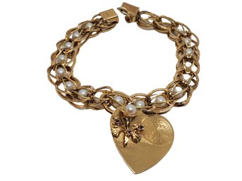Beautiful Mid Century 1960s14K Yellow Gold & Pearl Charm Bracelet & One Anniversary Charm 13.2 DWT (Bag 3)