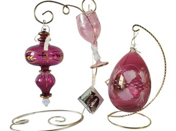 Trio Of Vintage Hand Blown Pink Egyptian Museum Glass Christmas Ornaments(Lot JJ)