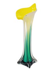 Vintage Murano Art Glass Green & Yellow Calla Lily Bud Vase