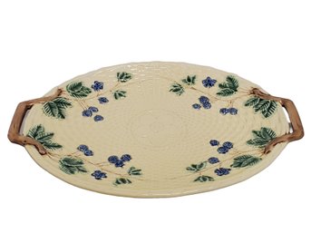 Vintage Tiffany & Co Portugal Majolica Yellow Blackberry Basketweave Oval Handled Platter