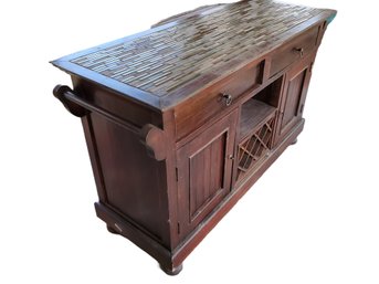Heavy Wood Cherry Finish Glass Tile Topped Two Sided Buffet Bar Credenza