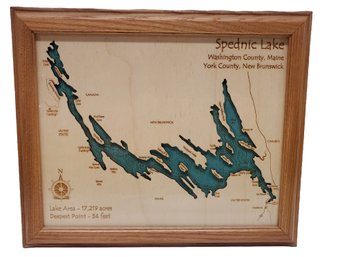 Framed Wood Carved Map Of Spednic Lake Washington County Maine / York County New Brunswick