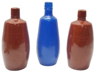 Three Vintage Bottles - Brown Spanish Pottery Lancers & One Cobalt Blue Bottles