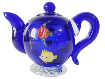 Hand Blown Cobalt Blue & Color Fish Art Glass Teapot Sculpture