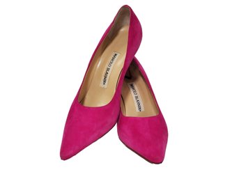 Manolo Blahnik Ladies Hot Pink Suede Mid Heel Shoes Size 9.6 - Made In Italy