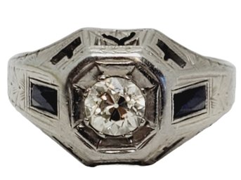 Vintage 18kt White Gold Art Deco Diamond And Sapphire Ring 5 DWT / Size 9  (Bag 3)