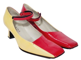 Vintage NOS PRADA Italy Ladies Two Tone Red & Yellow Patent Leather Block Heel Shoes Size 39.5 EU / 9 US