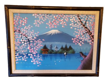 Vintage Japanese Painting Of Mount Fuji - Cherry Blooms, Pagodas, Mountain Landscape - Framed