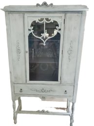 Antique Freshly Pale Green Painted & Stenciled Hutch China Cupboard