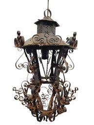 Vintage Spanish Revival Black Wrought Metal Scrolled Hanging Light Lamp