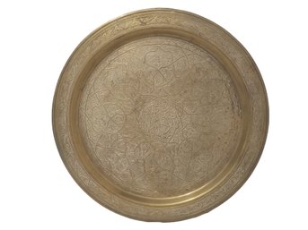 Vintage Large Round Etched Indian Brass Serving Tray