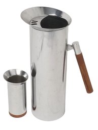 MCM Tall Stainless Steel Pitcher With Angled Teak Handle & Small Notched Cylinder Cup - Made In Italy