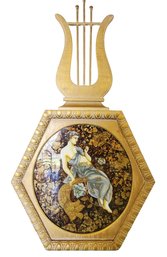 Vintage Wood & Painted Glass Goddess Lyre Wall Clock