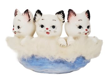 Adorable Vintage California Creations By Bradley Ceramic Basket Of Kittens With Rabbit Fur Accent
