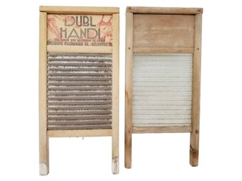 Two Vintage Wood Washboards With Ribbed Tin & Glass - Columbus Washboard Co Dubl Handl